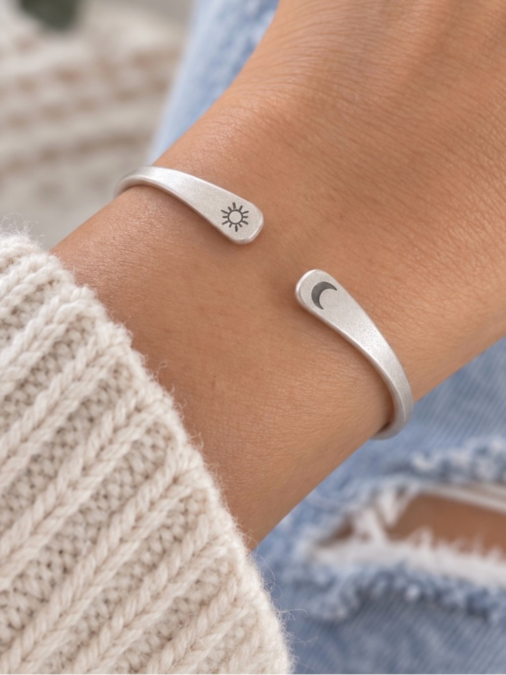 Sterling silver sun and moon cuff open bangle bracelet